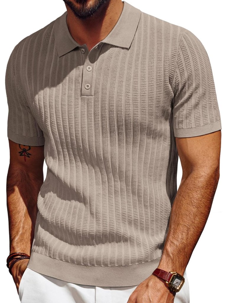 Men's Camel Knit Short Sleeve Textured Imported Polo T Shirt Casual